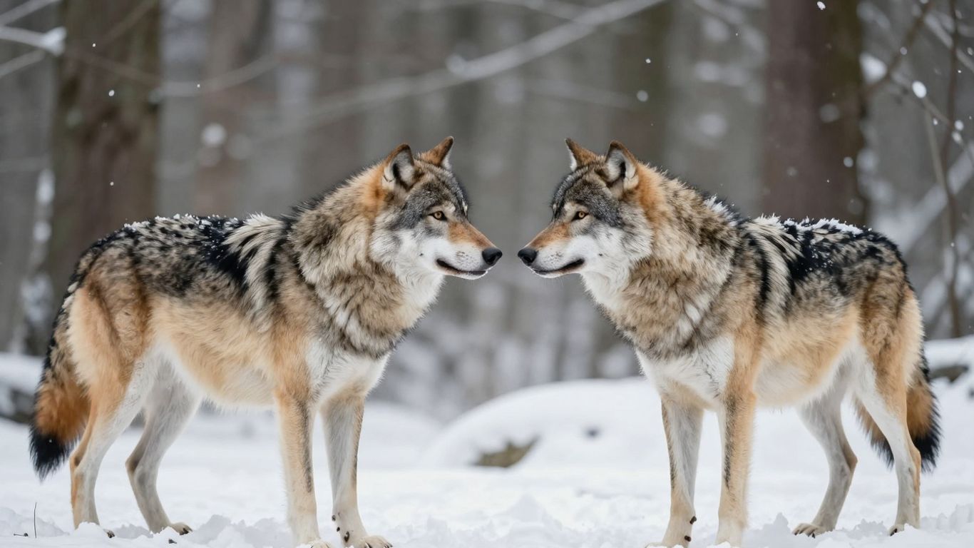 Zwei Wölfe stehen sich im Schnee gegenüber.
