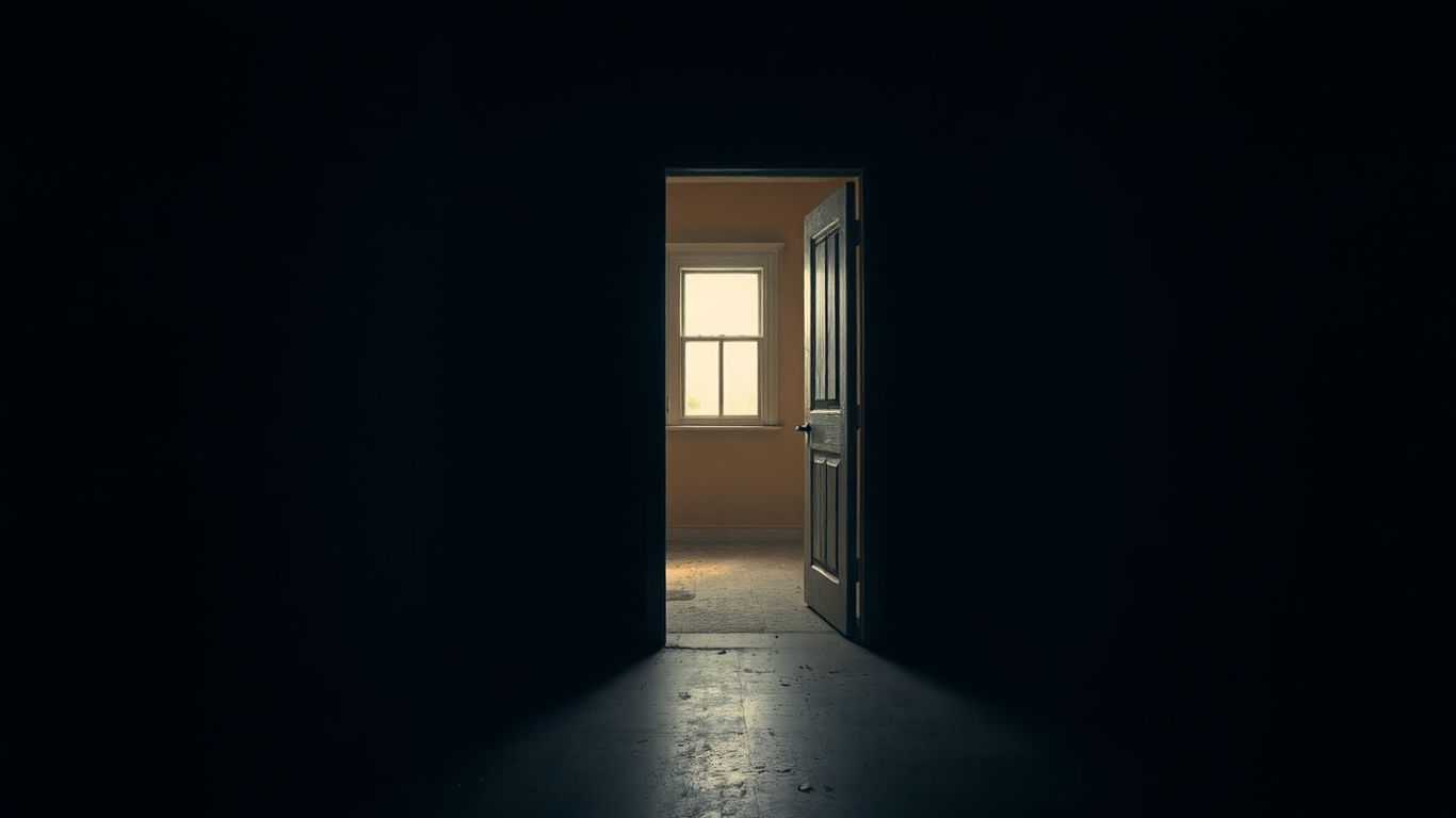 Porte d'entrée d'un appartement sombre et vide.