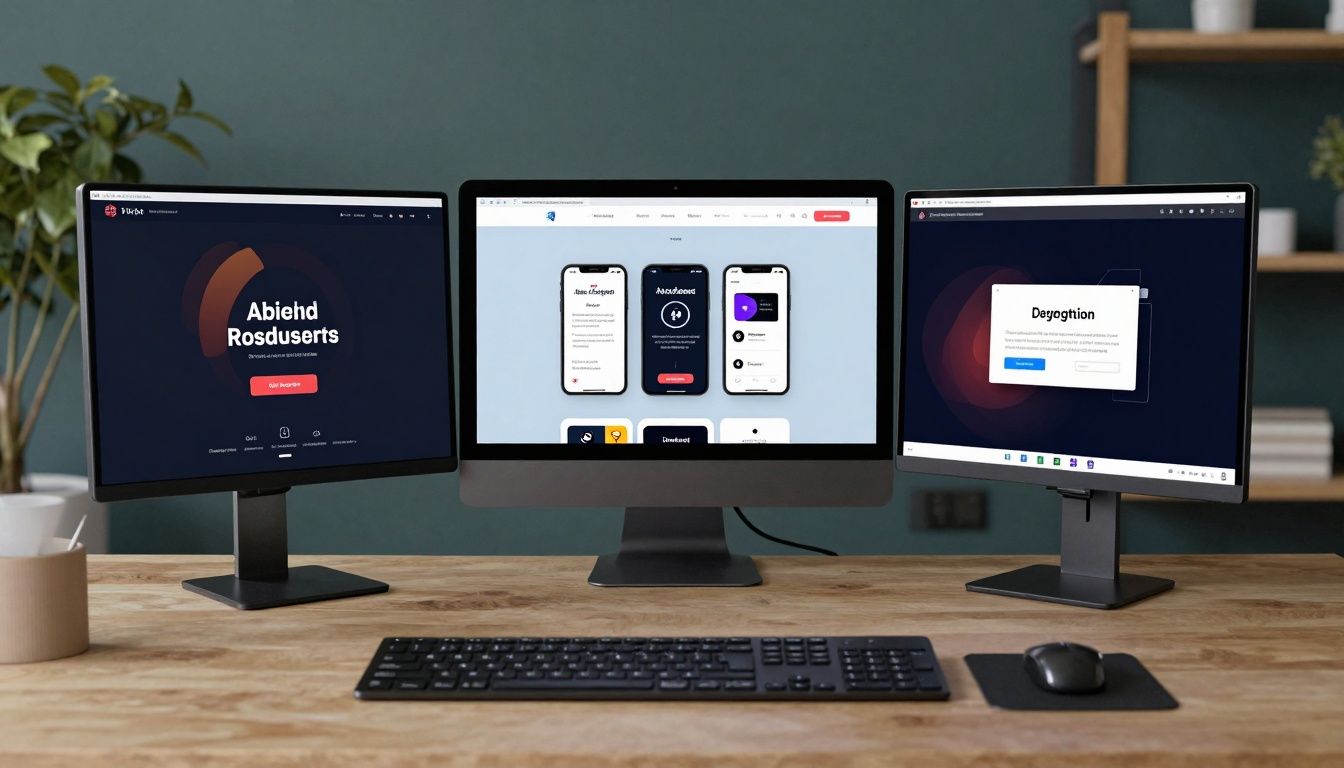 Capa mostrando diferentes telas de aplicativos de design em um ambiente criativo e moderno