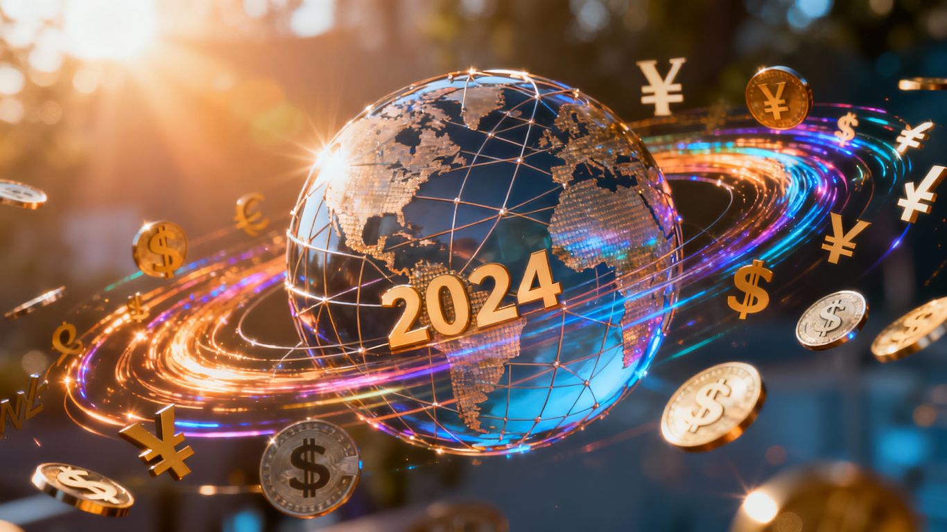 Global economy overview with interconnected lines and currency symbols.