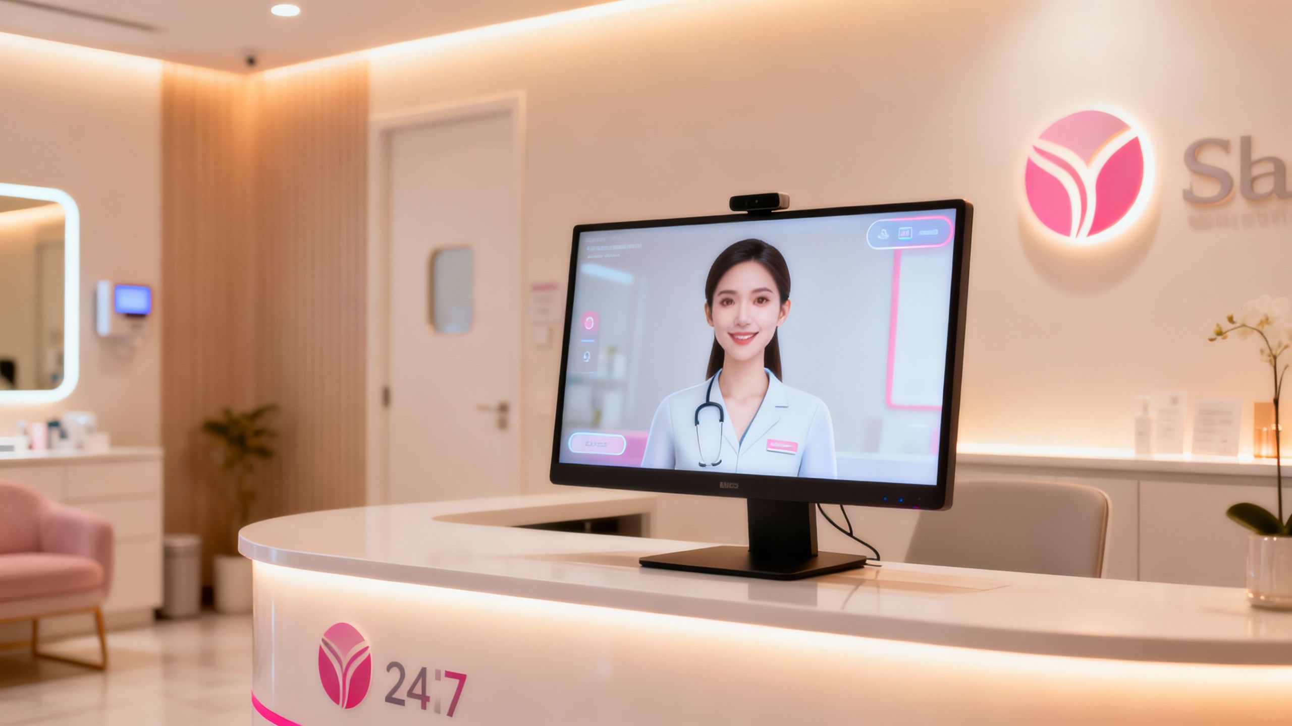 Aesthetics clinic virtual receptionist avatar on a monitor.