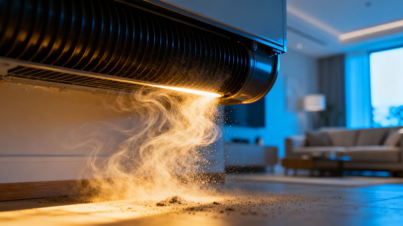 Dusty air duct next to a clean living room