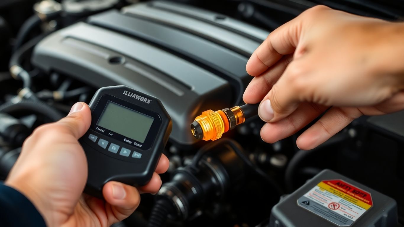 Chrysler engine bay with glowing oxygen sensor and diagnostic tool.