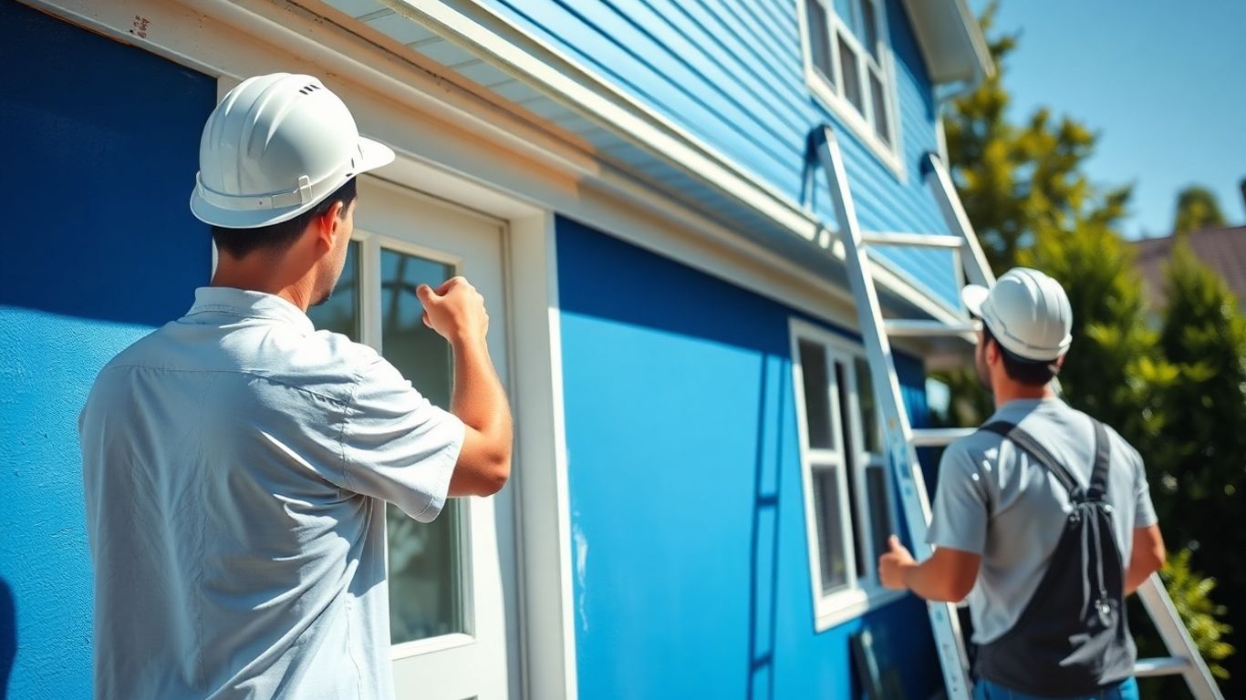Painter applying blue paint to house exterior wall.