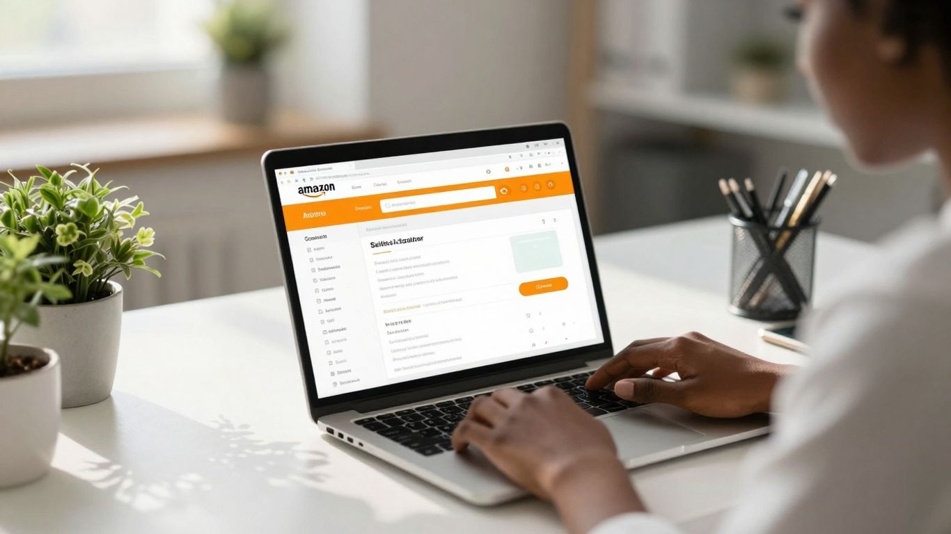 Amazon seller dashboard on laptop in office