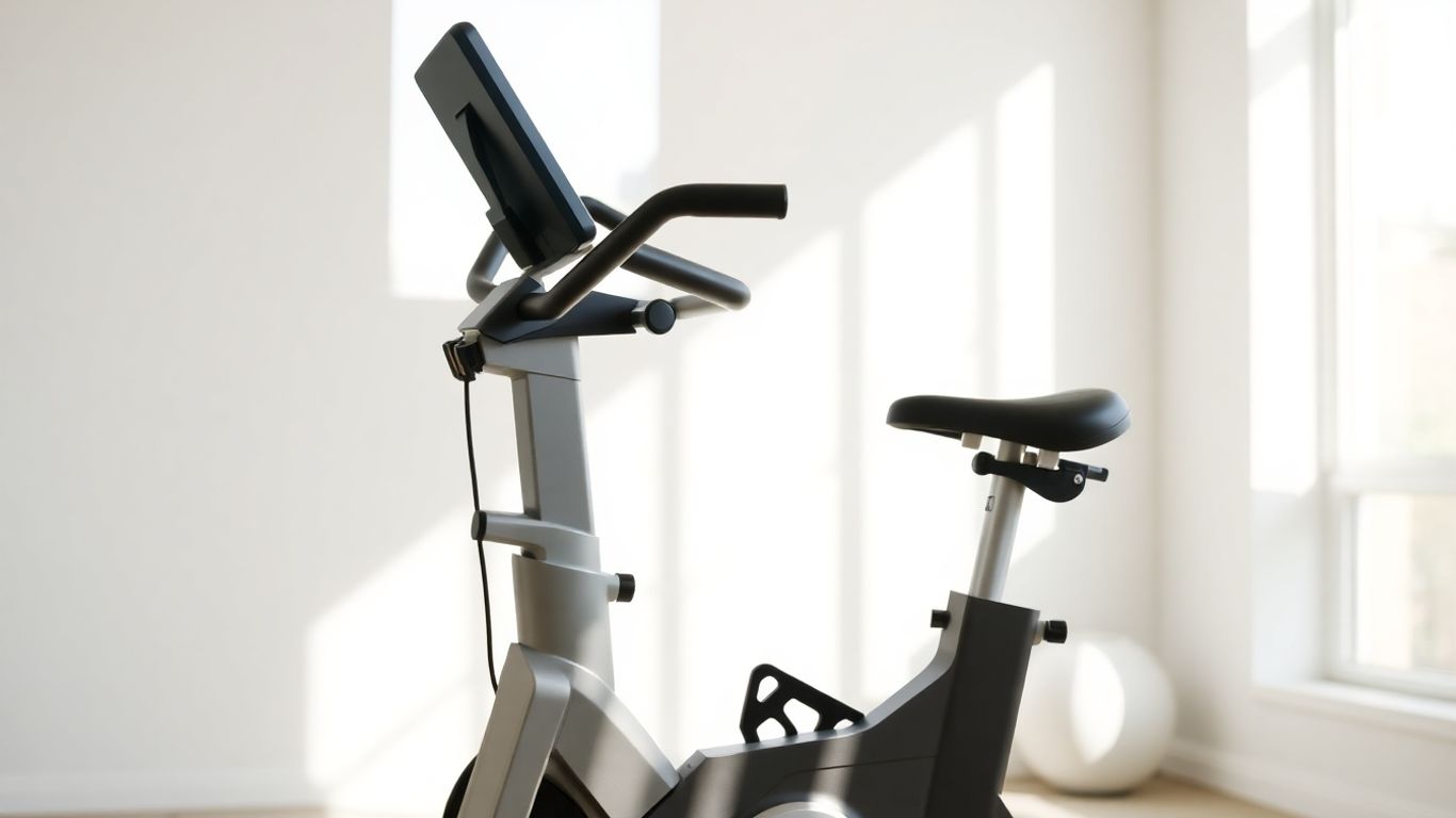 Upright exercise bike in a home gym setting.