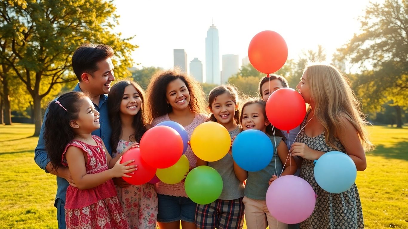 Family celebrating in a Dallas park with balloons.