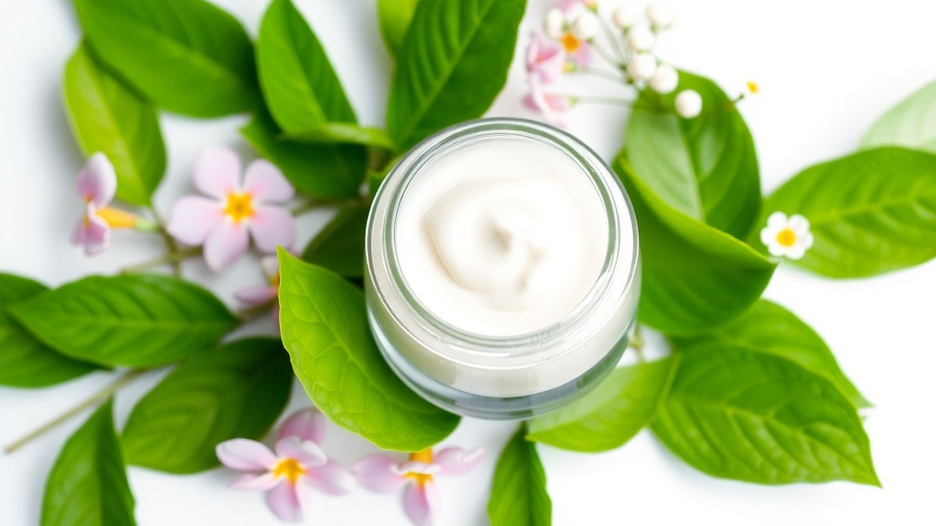 Glass jar of cream and fresh green leaves