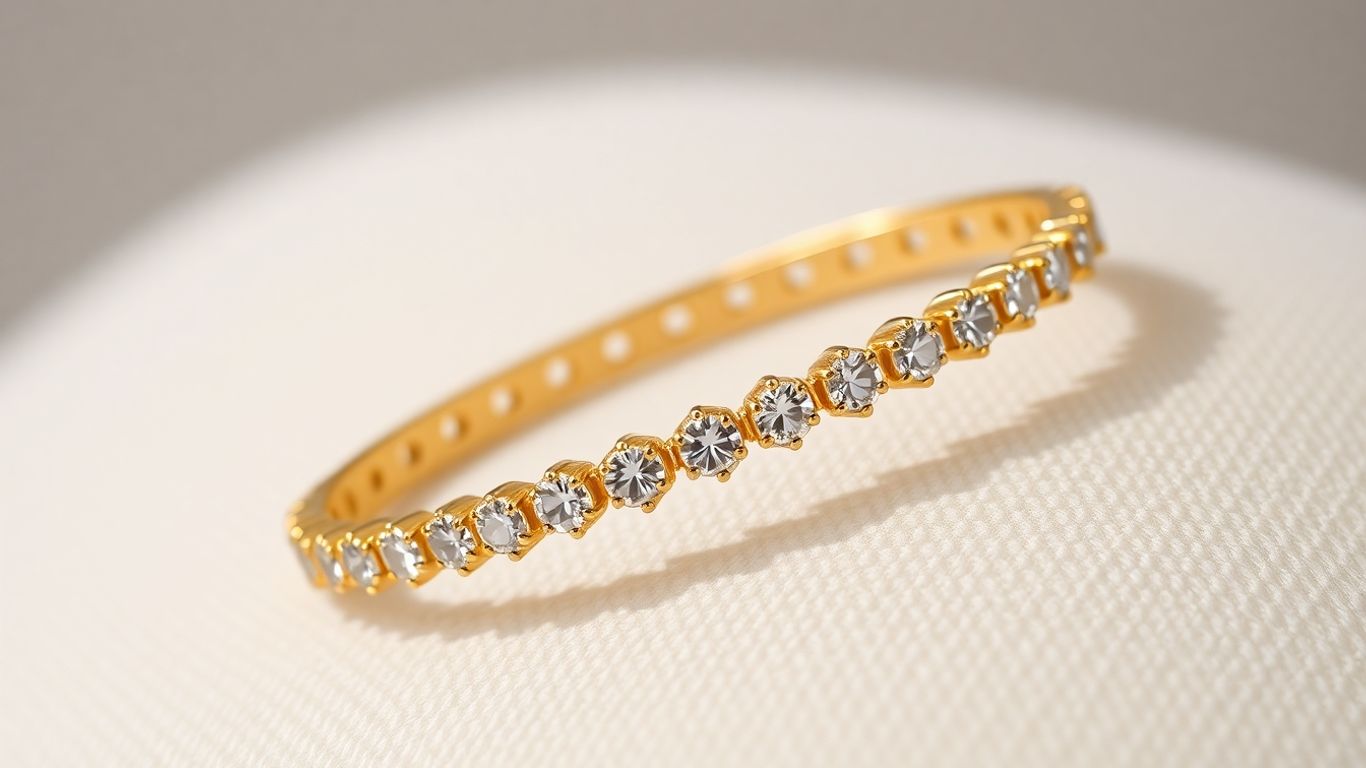 Gold tennis bracelet with diamonds on a neutral surface.
