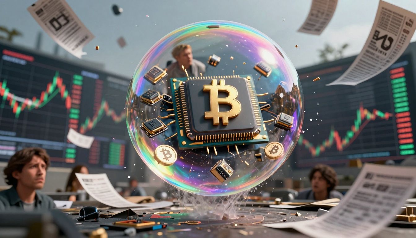 Giant bubble with AI and Bitcoin symbols about to burst.