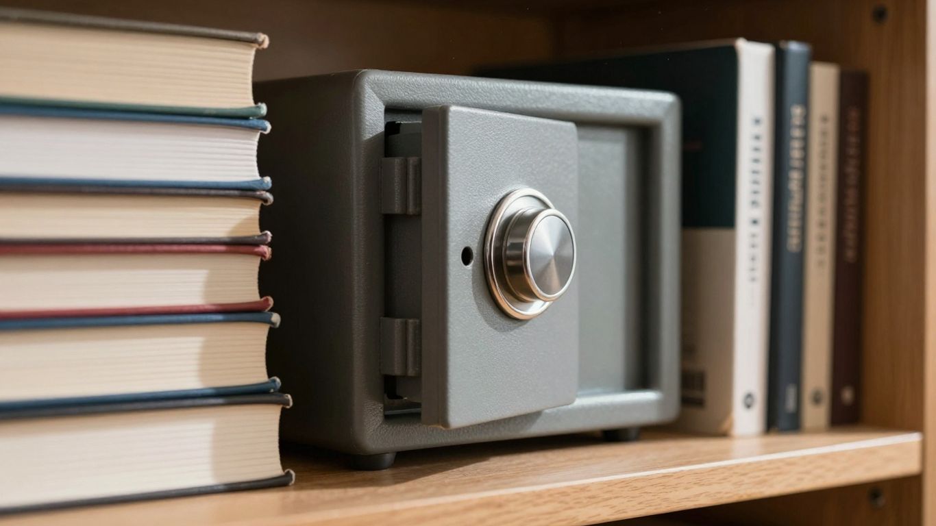 Petit coffre-fort caché derrière des livres sur une étagère.