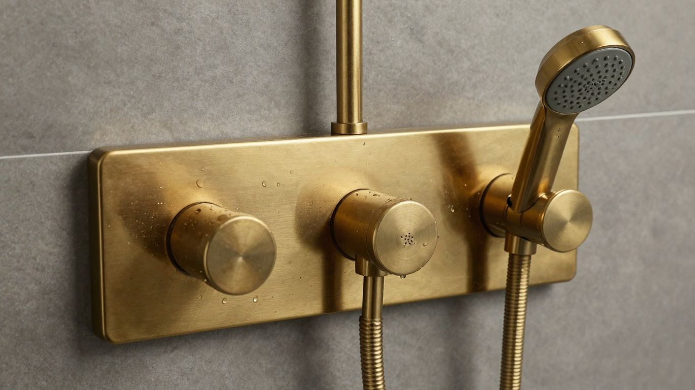 Brass concealed shower set in a modern bathroom.