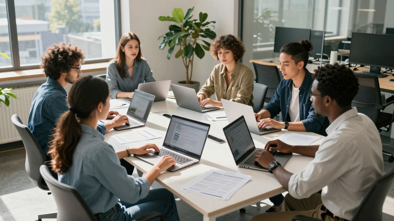 Team collaborating in a modern office with sunlight.
