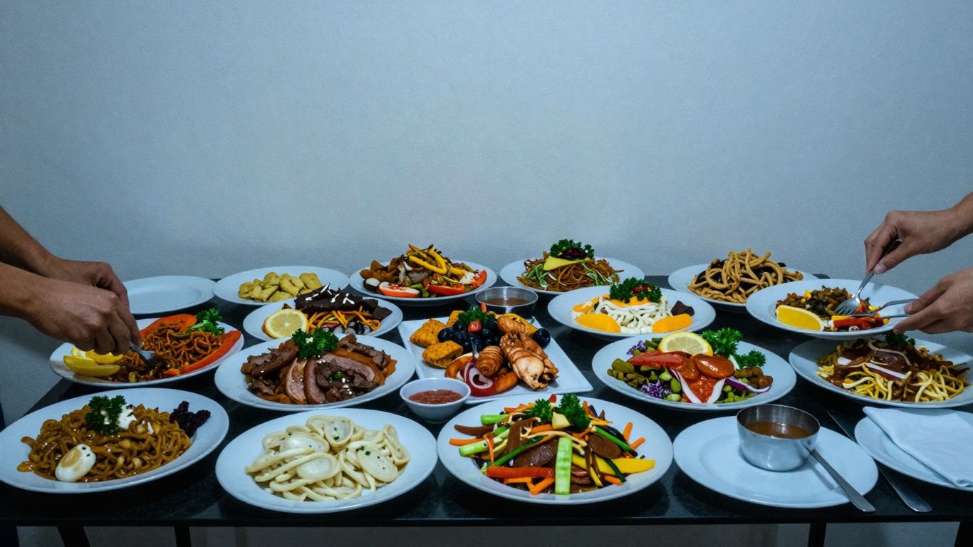 People selecting food from a buffet table at a potluck.