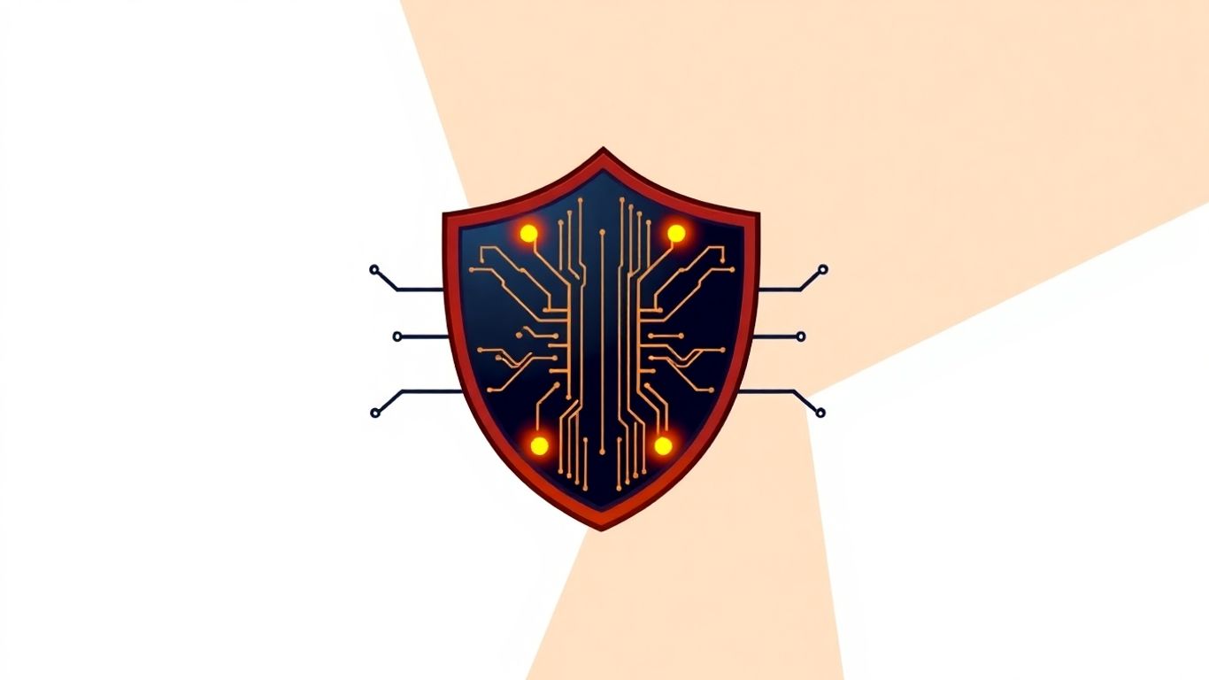 AI cybersecurity shield with circuits, modern tech illustration.