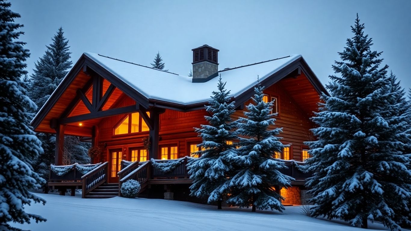 Famille célébrant Noël dans un chalet de montagne enneigé.