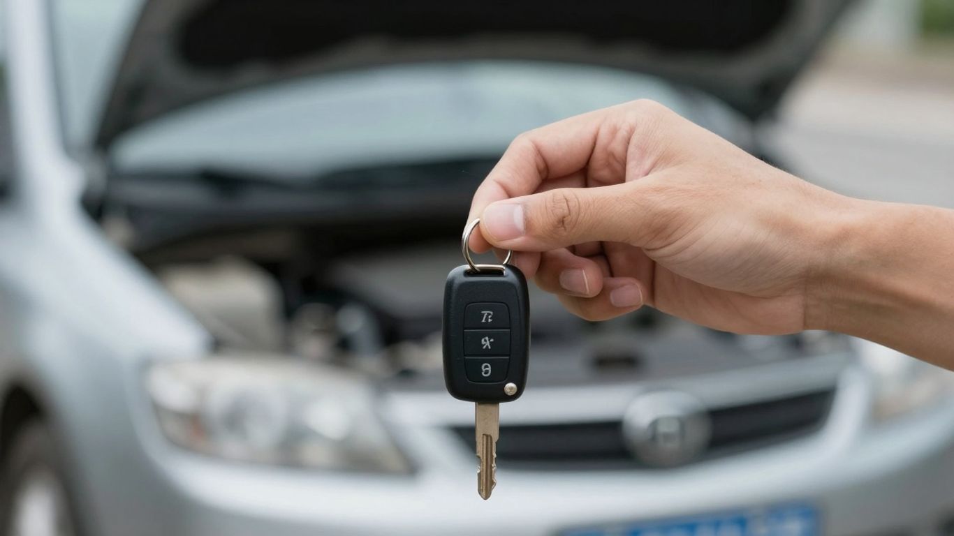 Hand holding car key near damaged car.