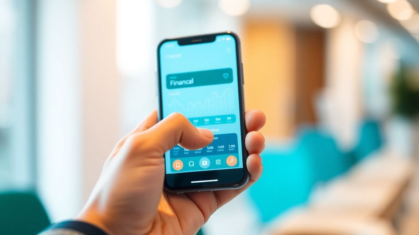 Hand holding smartphone with financial app