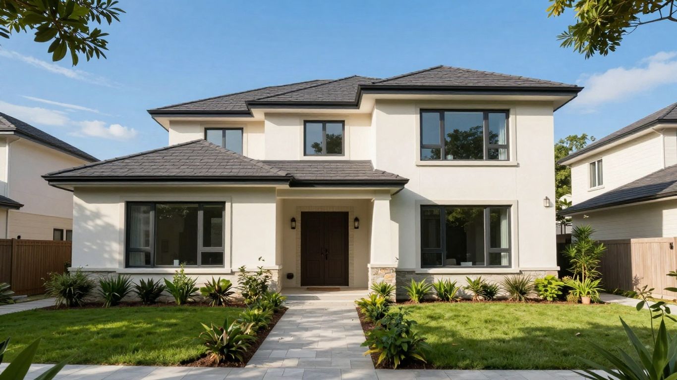 Casa moderna con jardín y cielo azul.