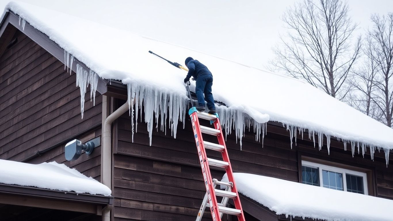 Winter emergency roof repair worker inspecting damaged house roof.