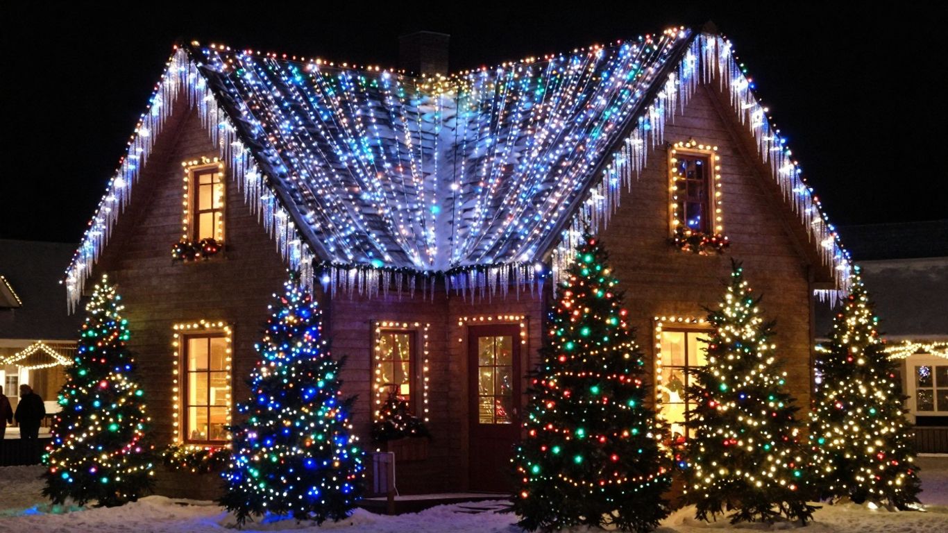 House decorated with colorful Christmas lights at night.