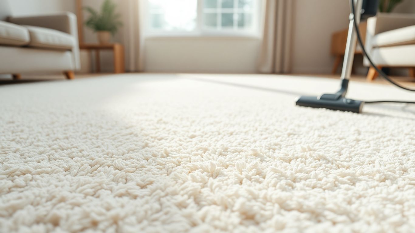 Clean carpet in a bright living room with vacuum.