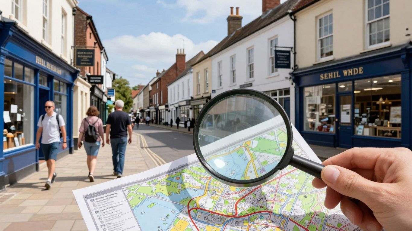 UK town street with magnifying glass over map.