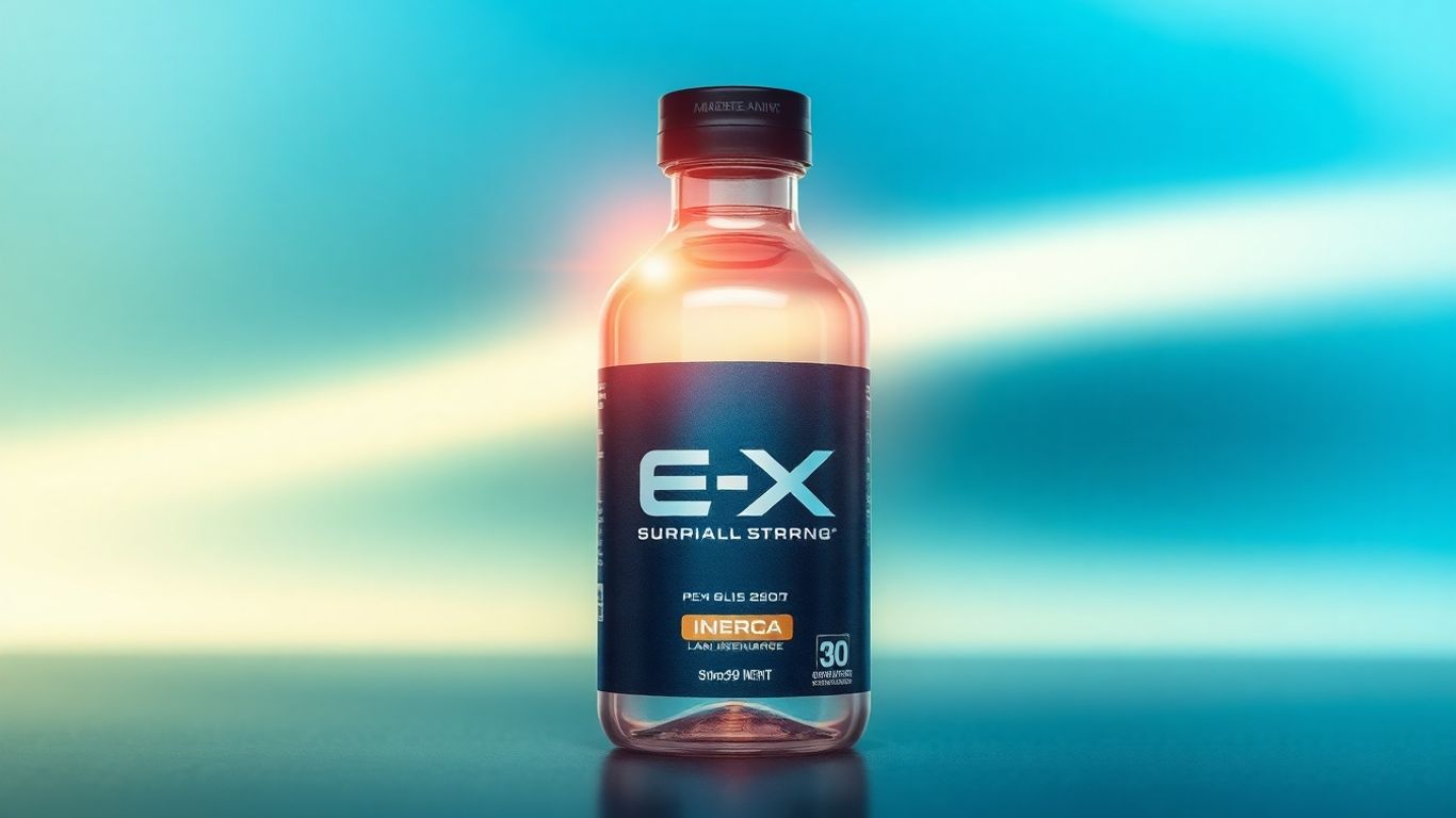 Bottle of E-X Supplement with a healthy glow.