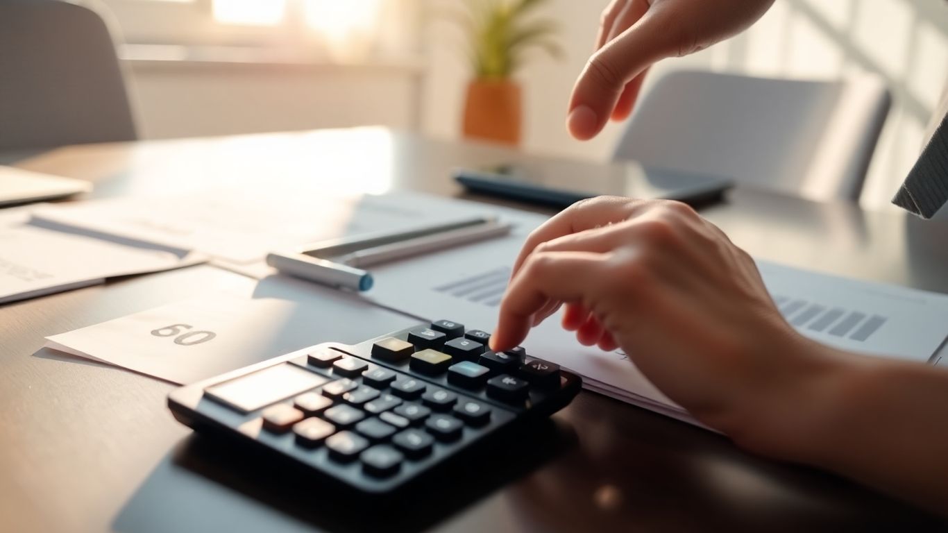 Documentos financeiros e calculadora em mesa de escritório.