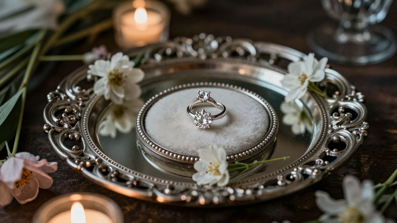 Elegant ring platter with engagement ring and flowers.