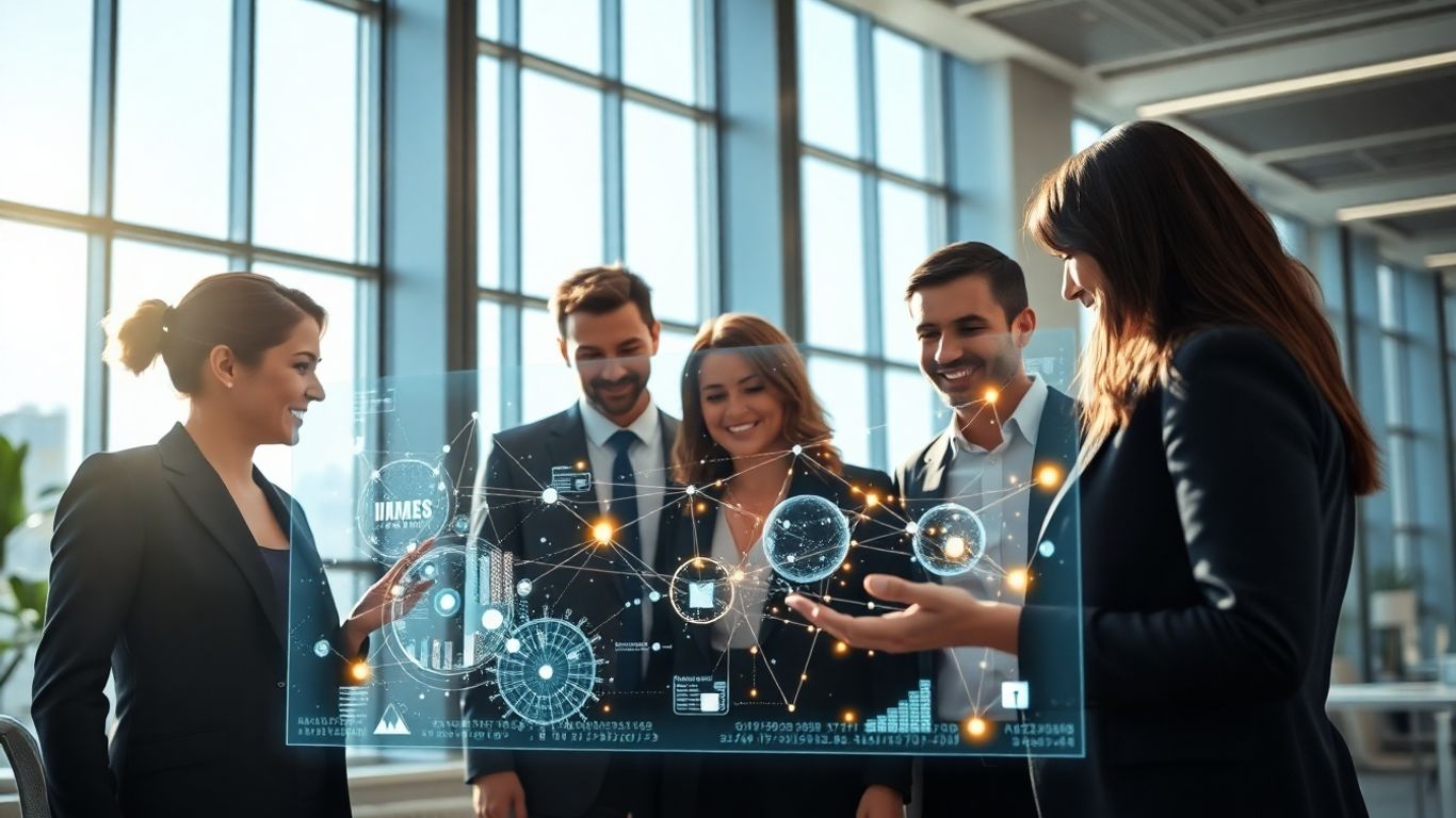Financial advisors using advanced AI technology for client satisfaction.