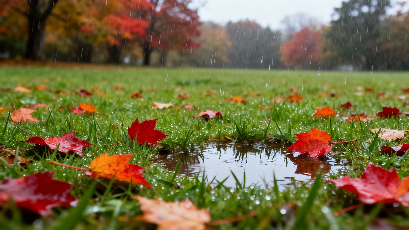 Autumn lawn with scattered leaves and raindrops.