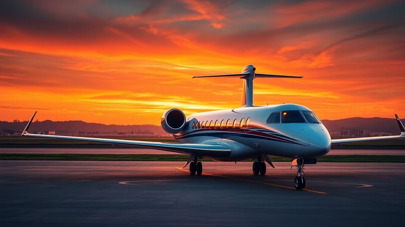 Luxury private jet on tarmac at sunset.