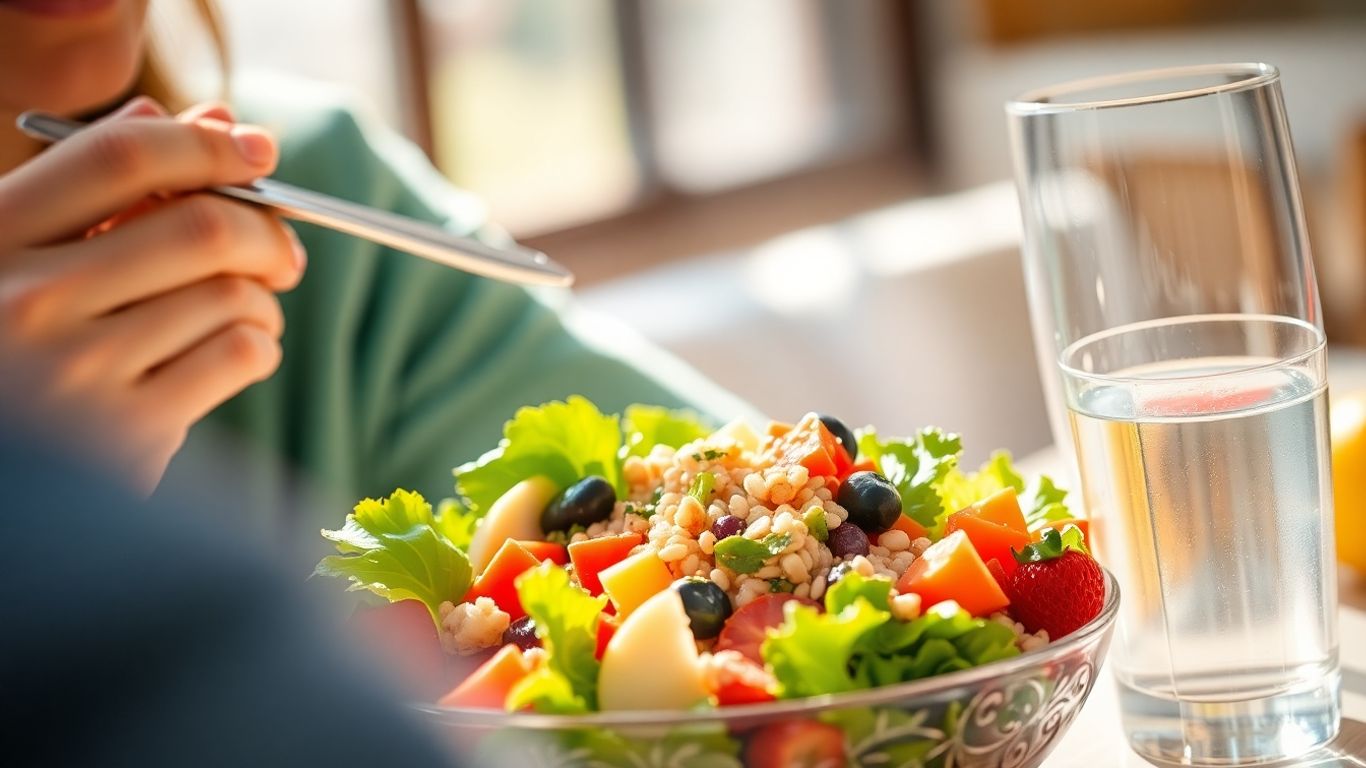 Person eating a healthy, colorful gut-friendly meal.
