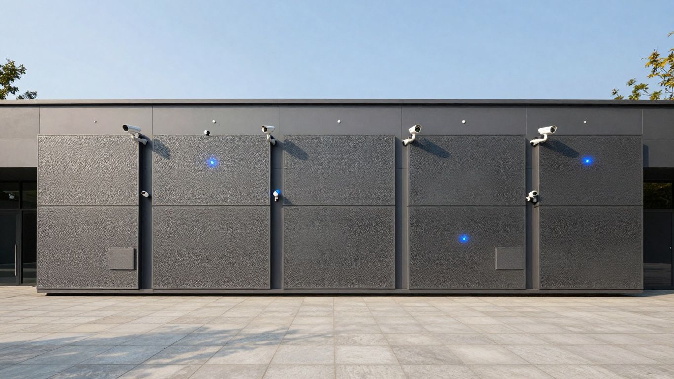 Modern building with integrated security cameras and sensors.