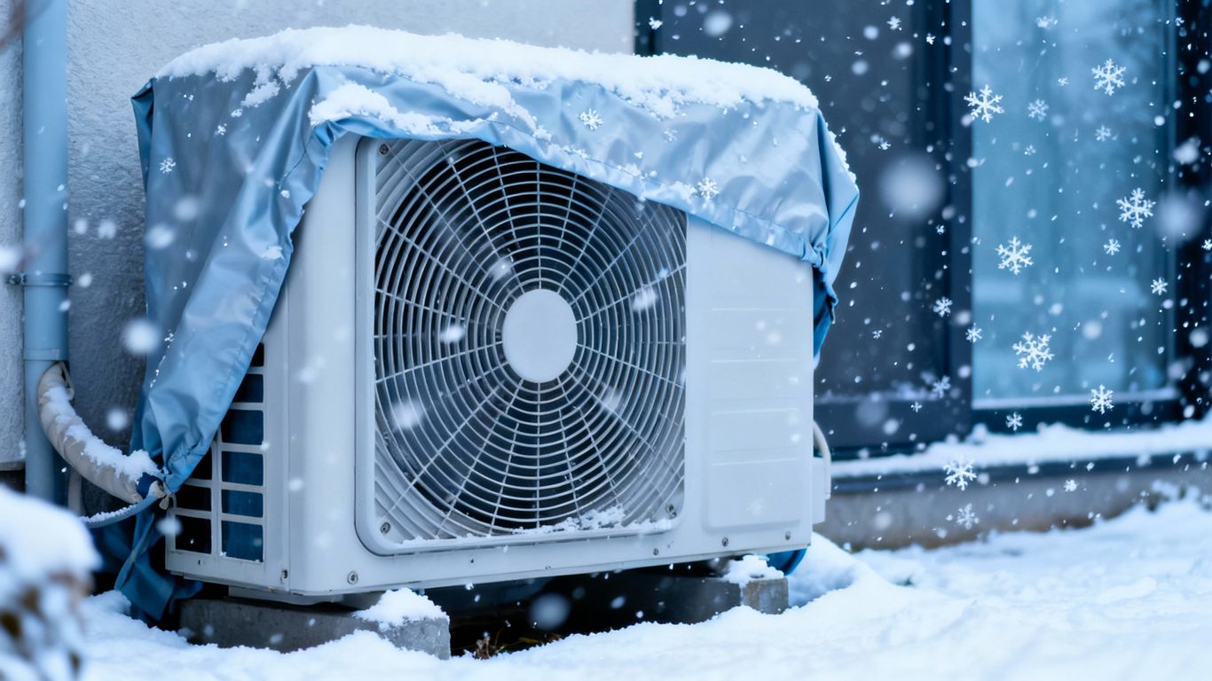 AC unit covered for winter with snow falling.