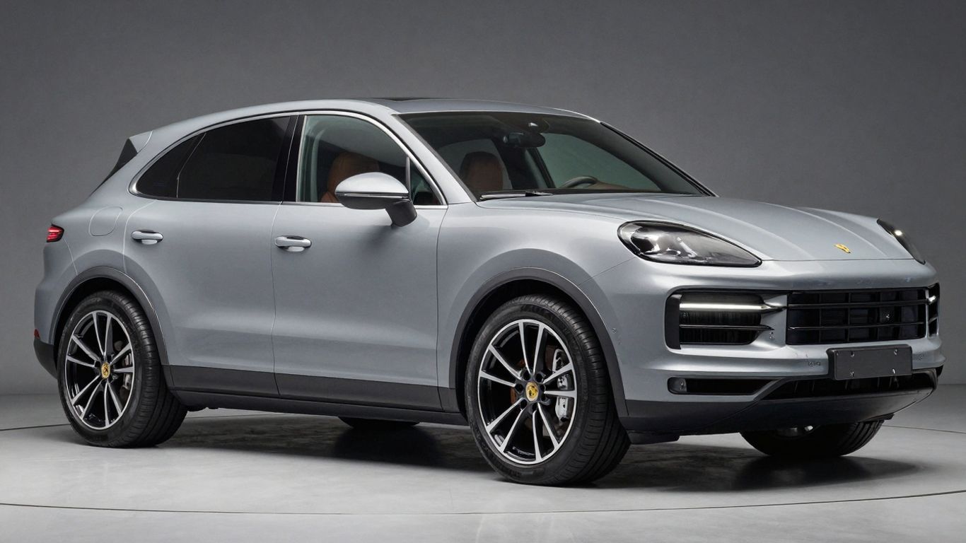 All-electric Porsche Cayenne exterior and interior details.
