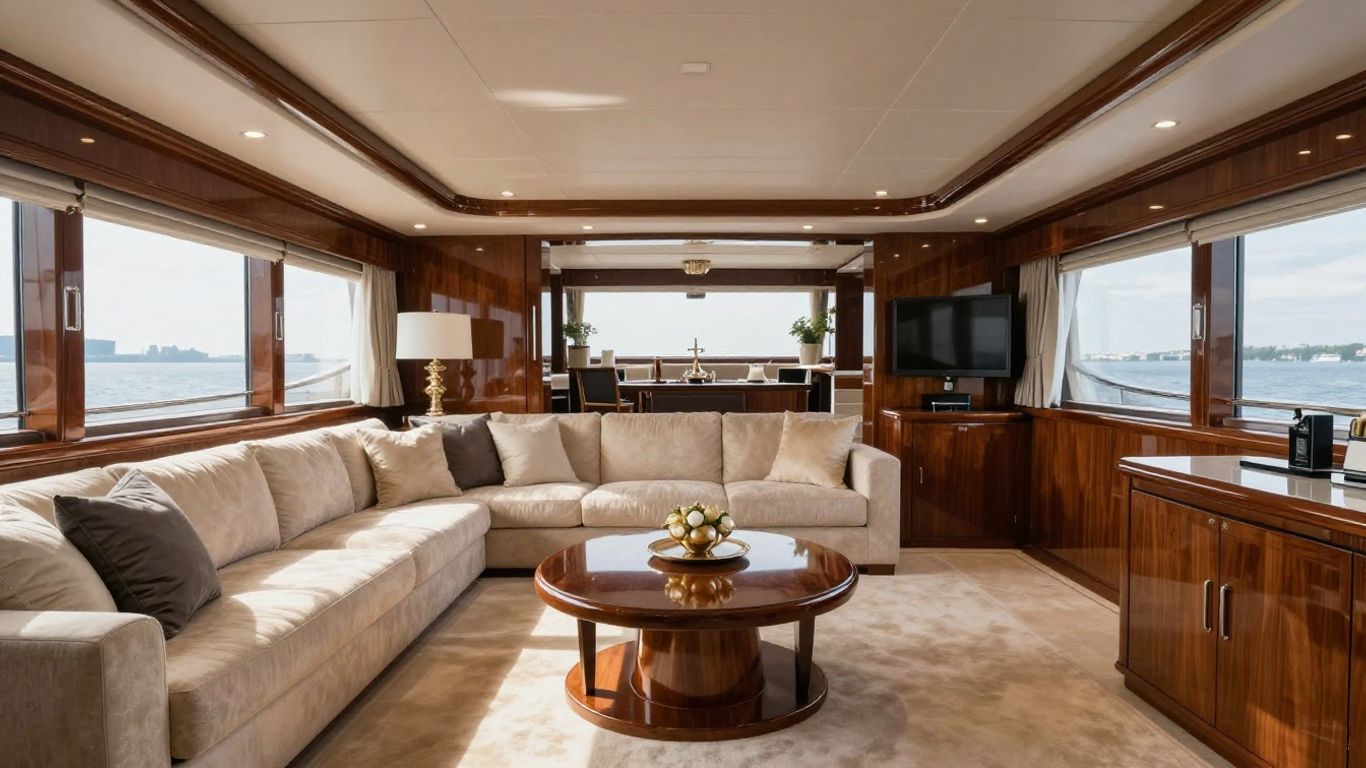 Interior of the Lady L yacht, showing luxurious salon.