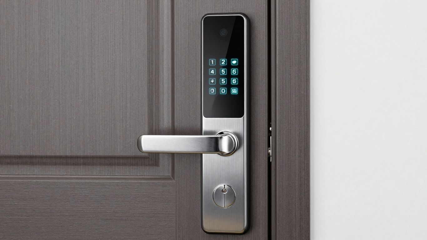 Modern coded door lock with glowing keypad.