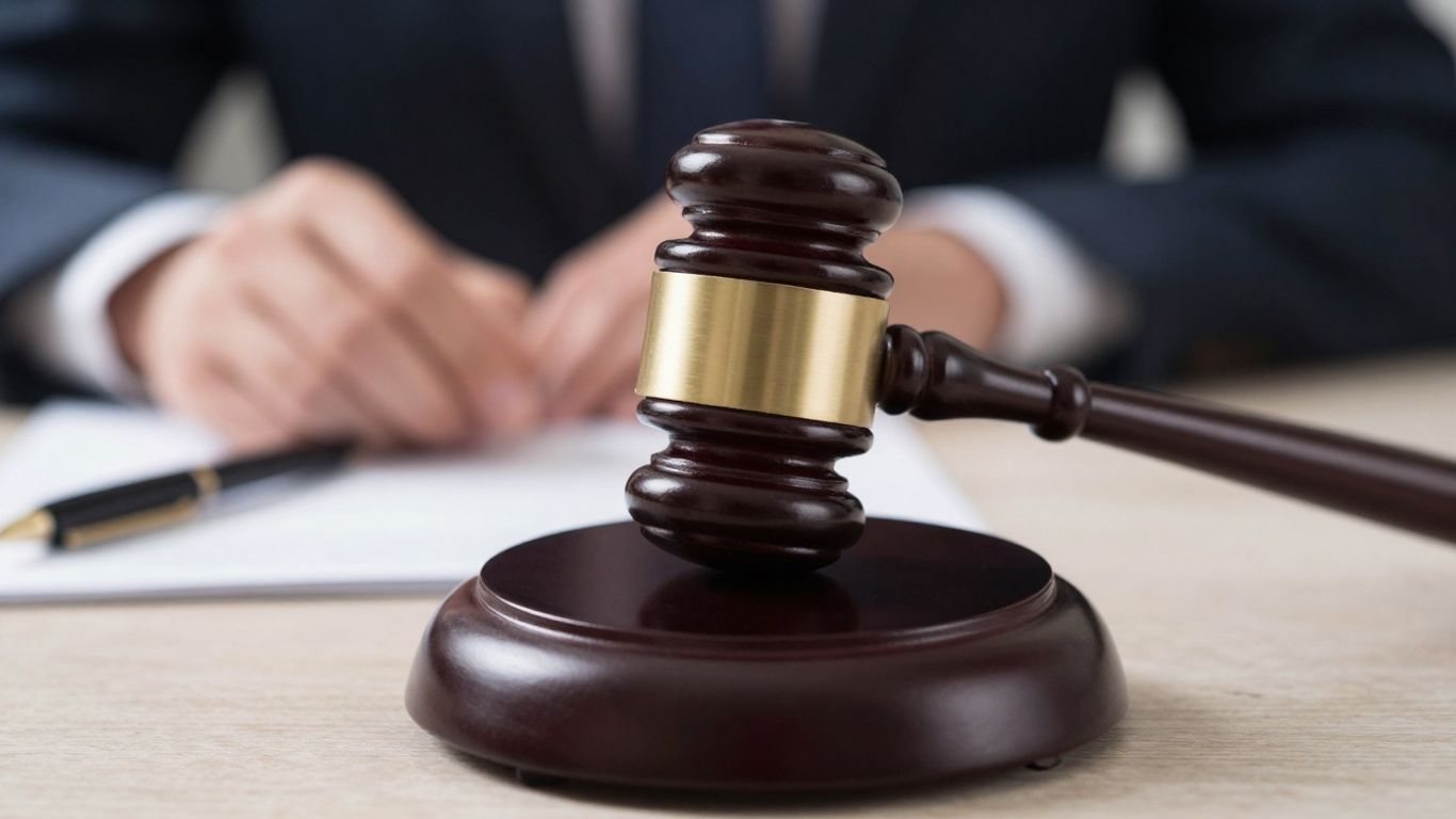 Gavel striking sound block, legal documents background.