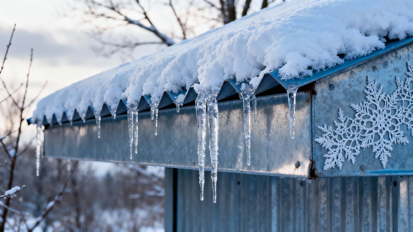 Snowy metal roof with icicles in winter.