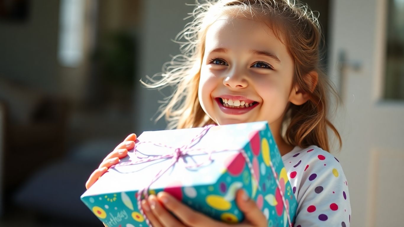 Girl happily receiving a personalized birthday gift.