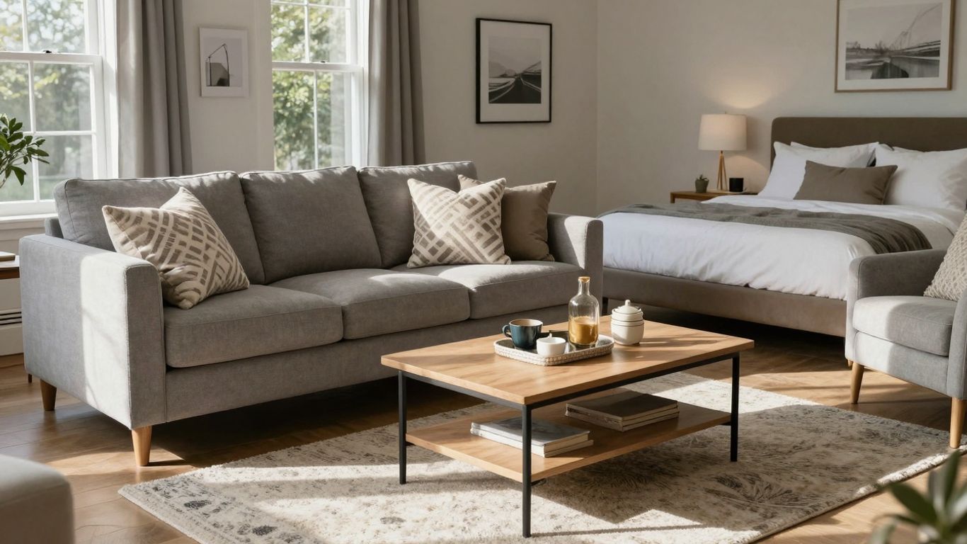 Cozy living room with furniture and decor for Airbnb.