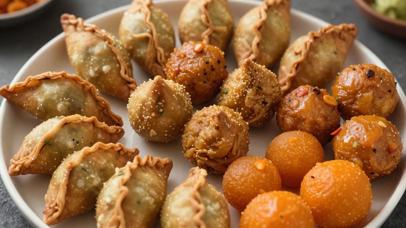 Colorful Diwali appetizers arranged on a festive platter.