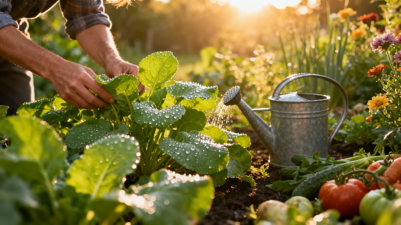 Person tending to plants in a sunny, green garden.