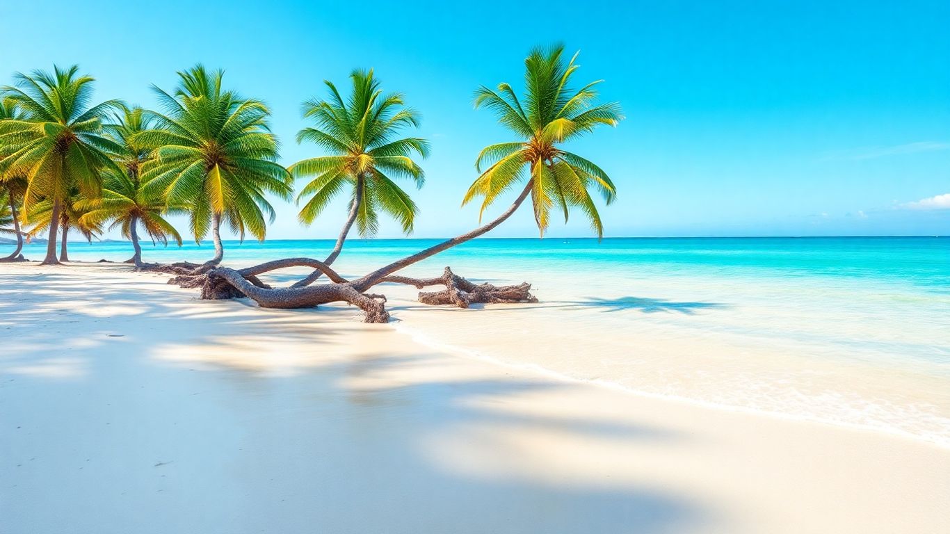 Spokojna plaża z palmami i turkusową wodą.