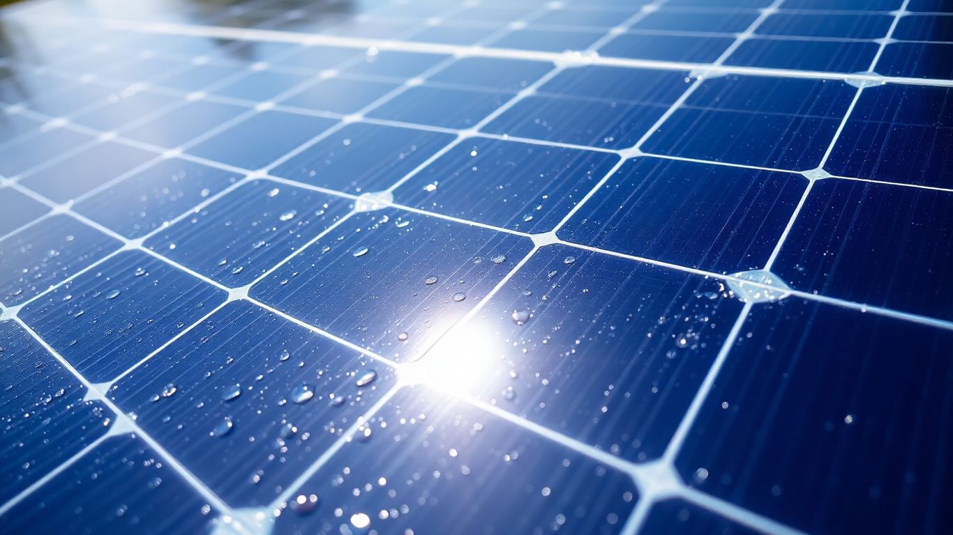 Clean solar panel surface reflecting the sky