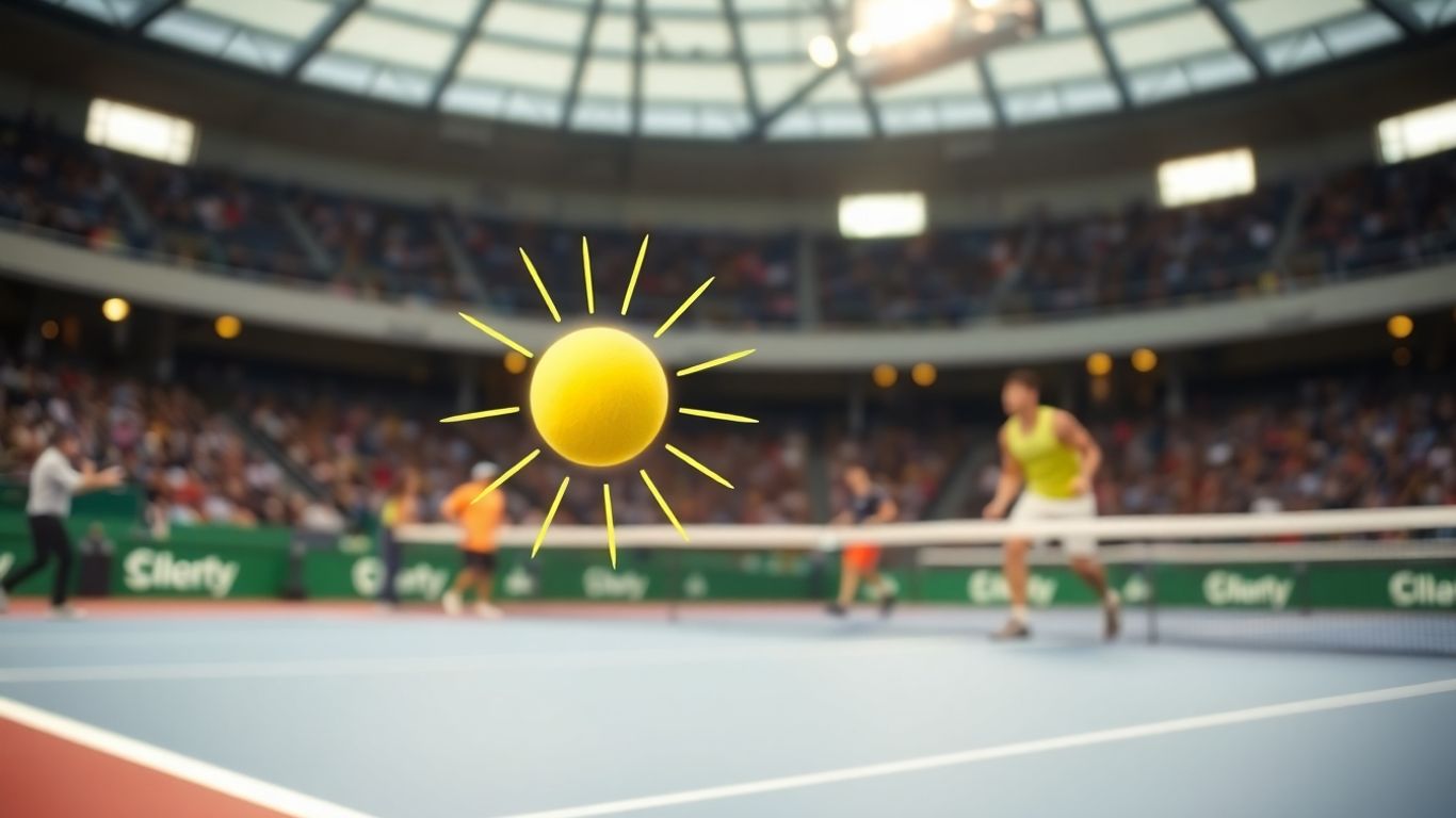 Pickleball players on court with rating system graphic.