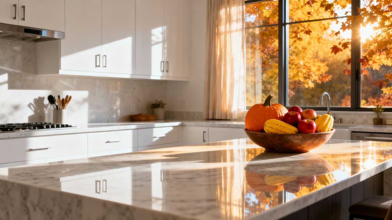 Modern kitchen with new white cabinets and fall decor.