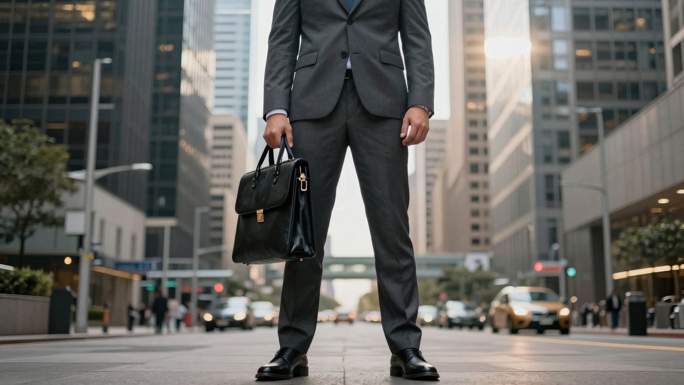 Banking professional with briefcase and city background.